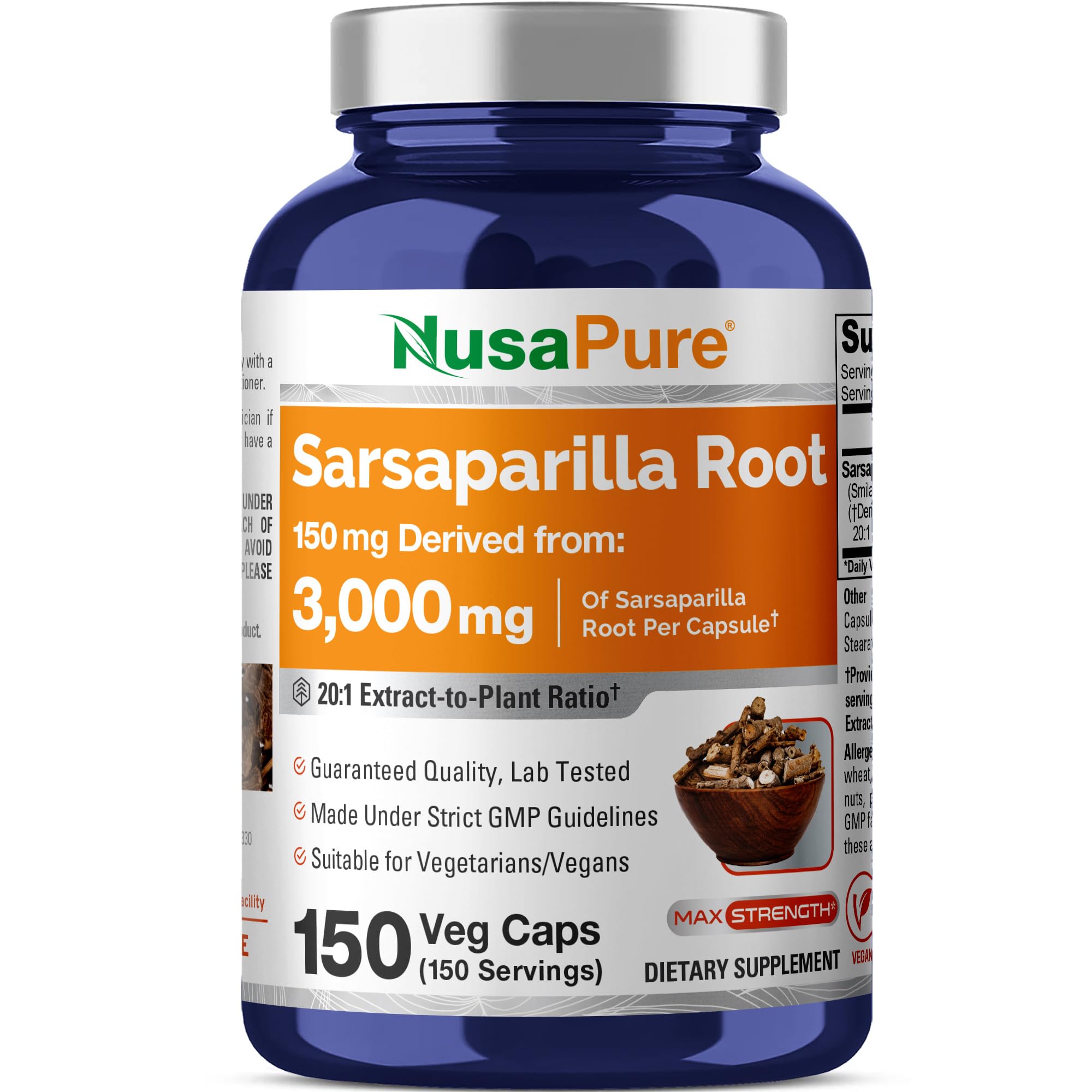 NusaPure Sarsaparilla bottle label shows vegan, non-GMO formulation