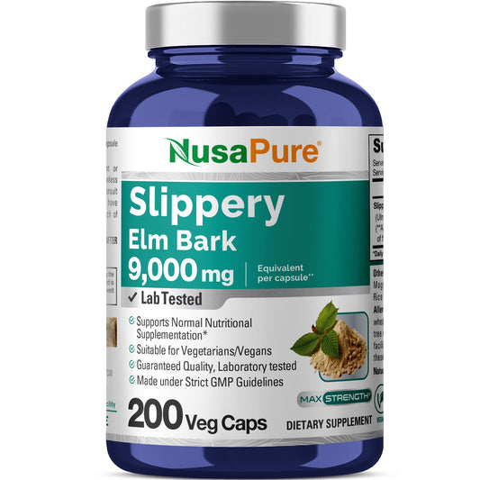 NusaPure Slippery Elm Bark 20:1 extract bottle shows a 200-day supply for daily care