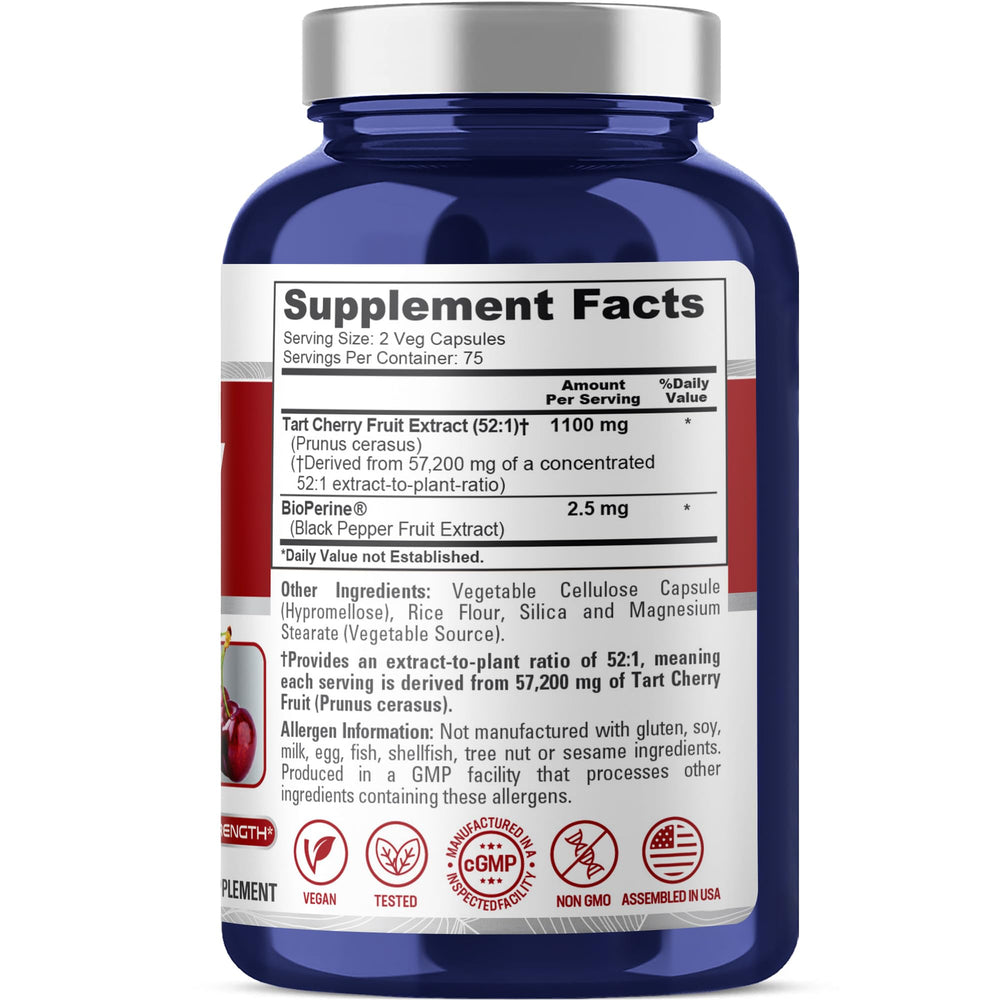 Close-up of NusaPure Tart Cherry capsules in vegan veggie caps.