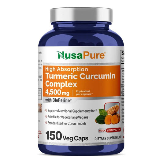 NusaPure Turmeric Curcumin Complex bottle front with 4,500 mg per capsule detail