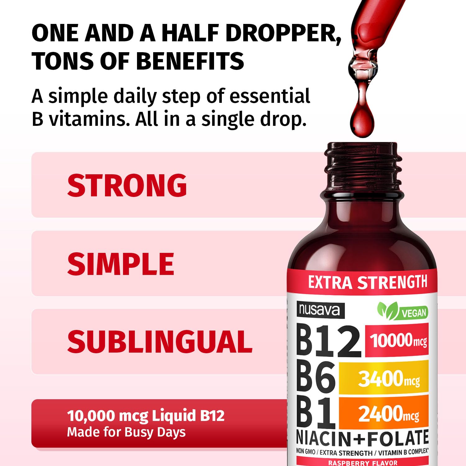 NUSAVA B12 bottle cap and dropper shown for precise dosing.