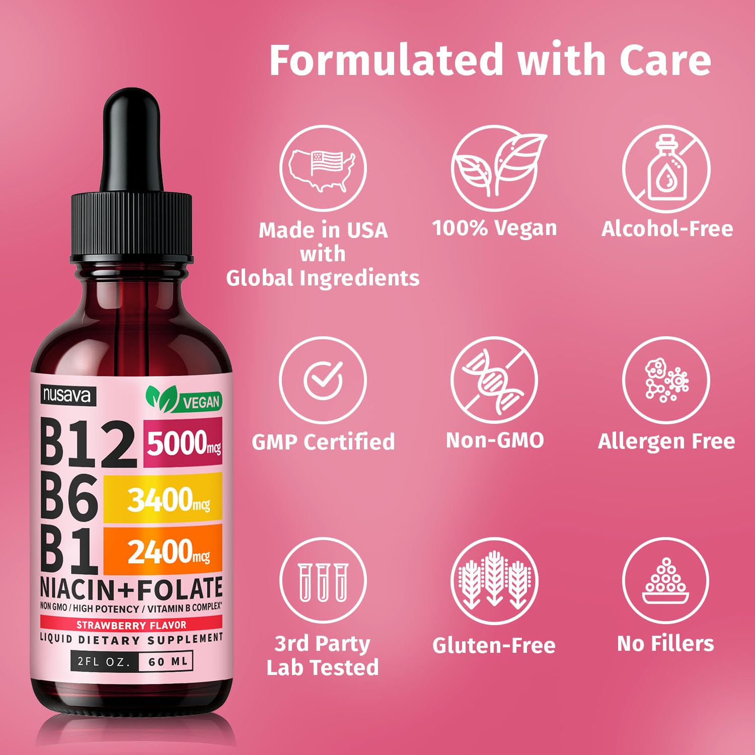NUSAVA B12 drops sample usage with strawberry flavor for routine.