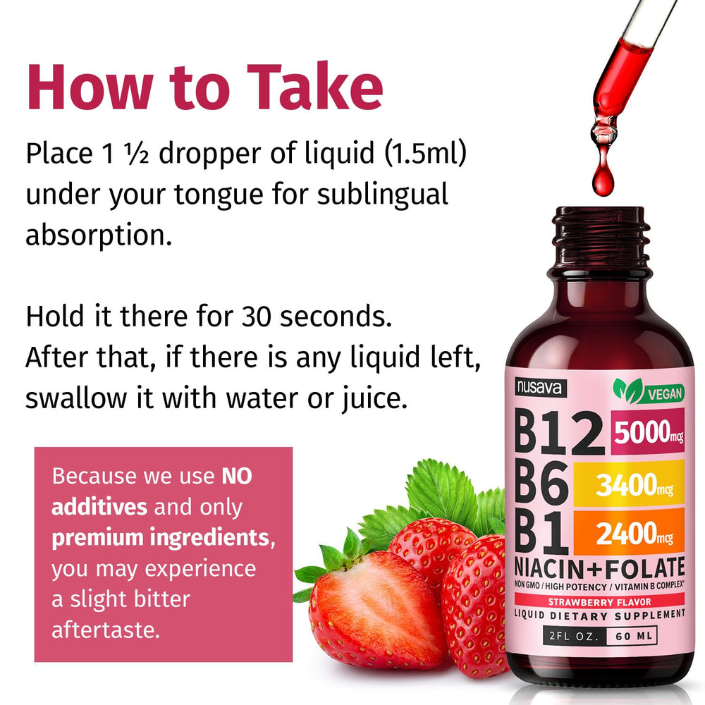 NUSAVA B12 drops ingredient panel, vegan and gluten-free.