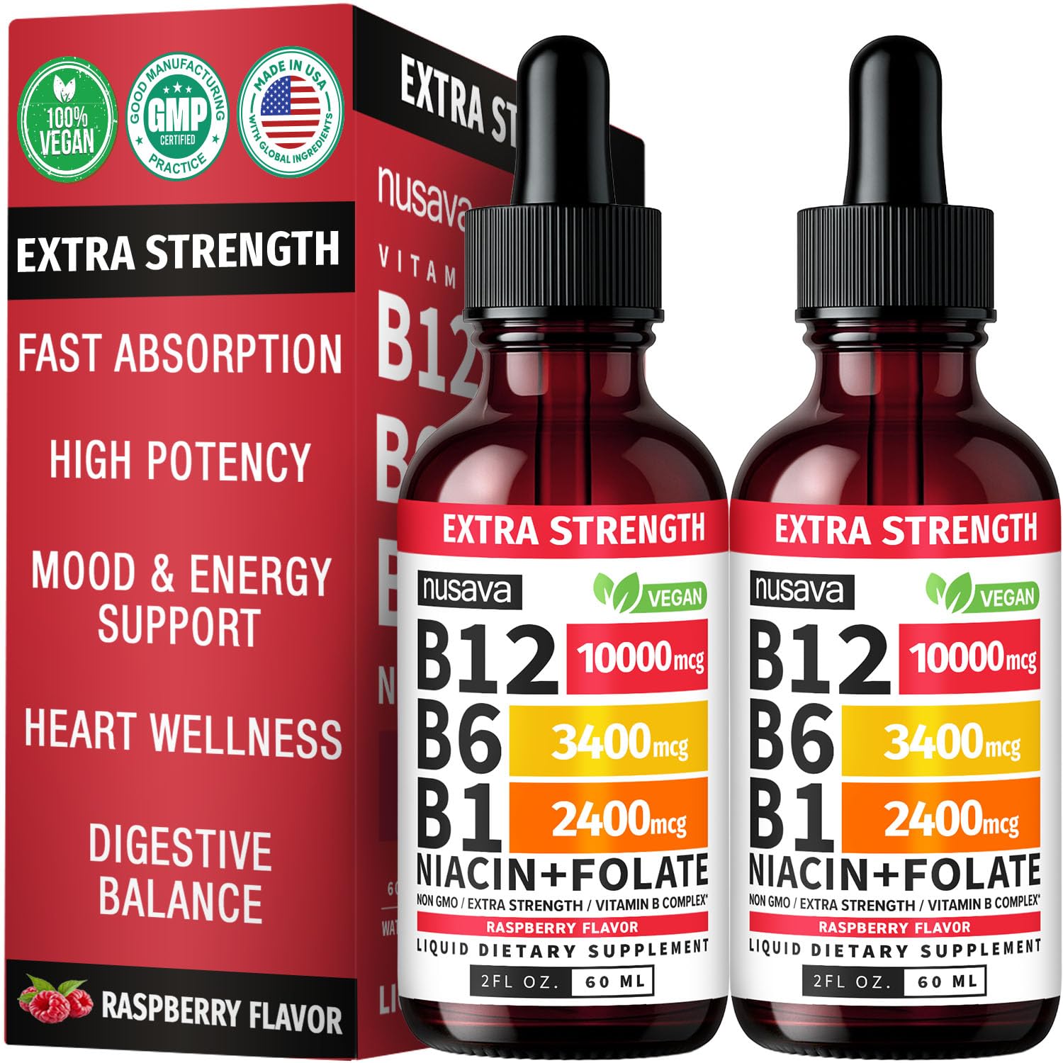 NUSAVA B12 liquid raspberry drops under-tongue absorption for daily energy.