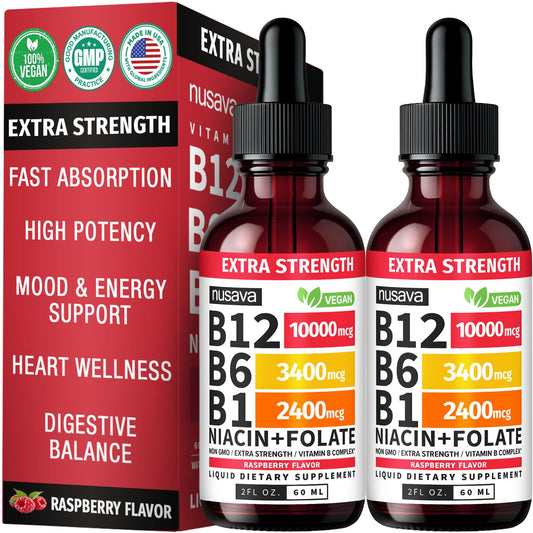 NUSAVA B12 liquid raspberry drops under-tongue absorption for daily energy.