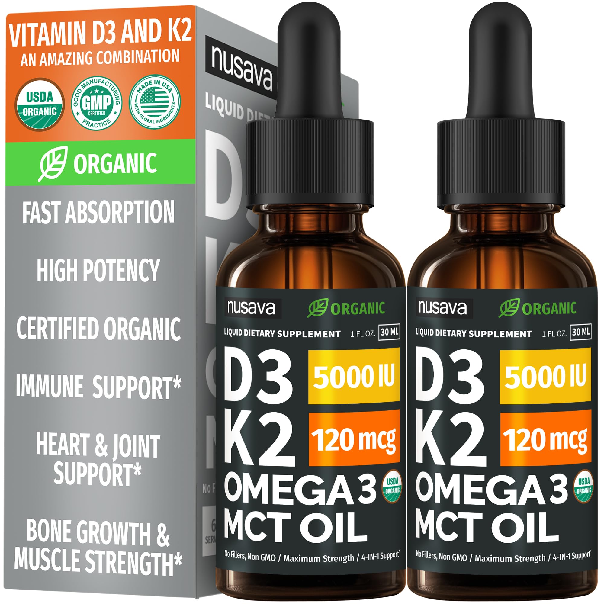 NUSAVA D3 K2 Drops 2-pack bottle showcases potent dosing for daily wellness.
