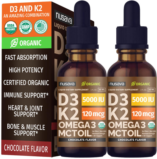 NUSAVA D3 K2 drops bottle with chocolate flavor promoting convenient daily intake
