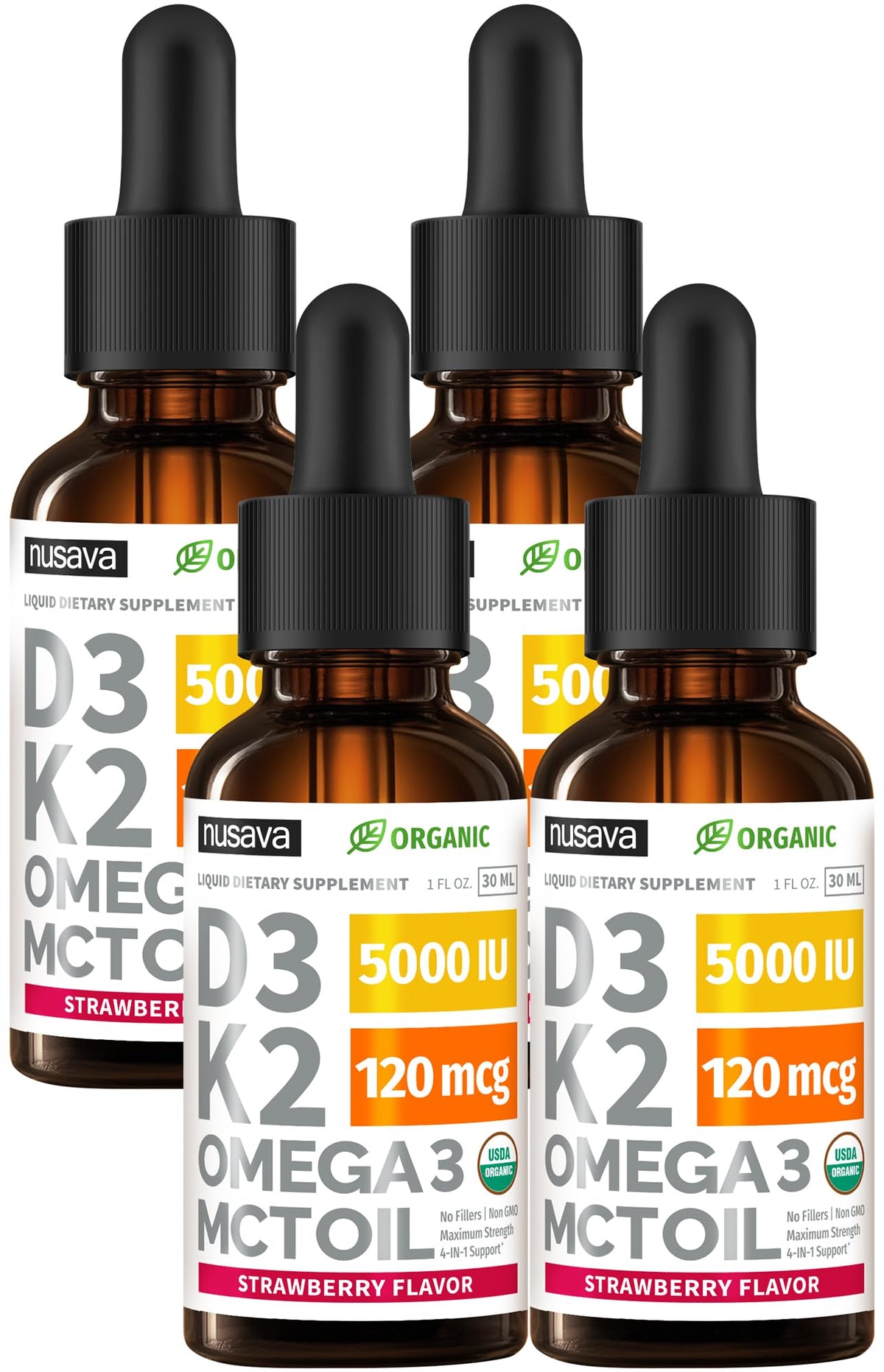 NUSAVA D3 K2 bottle front with strawberry label for daily wellness