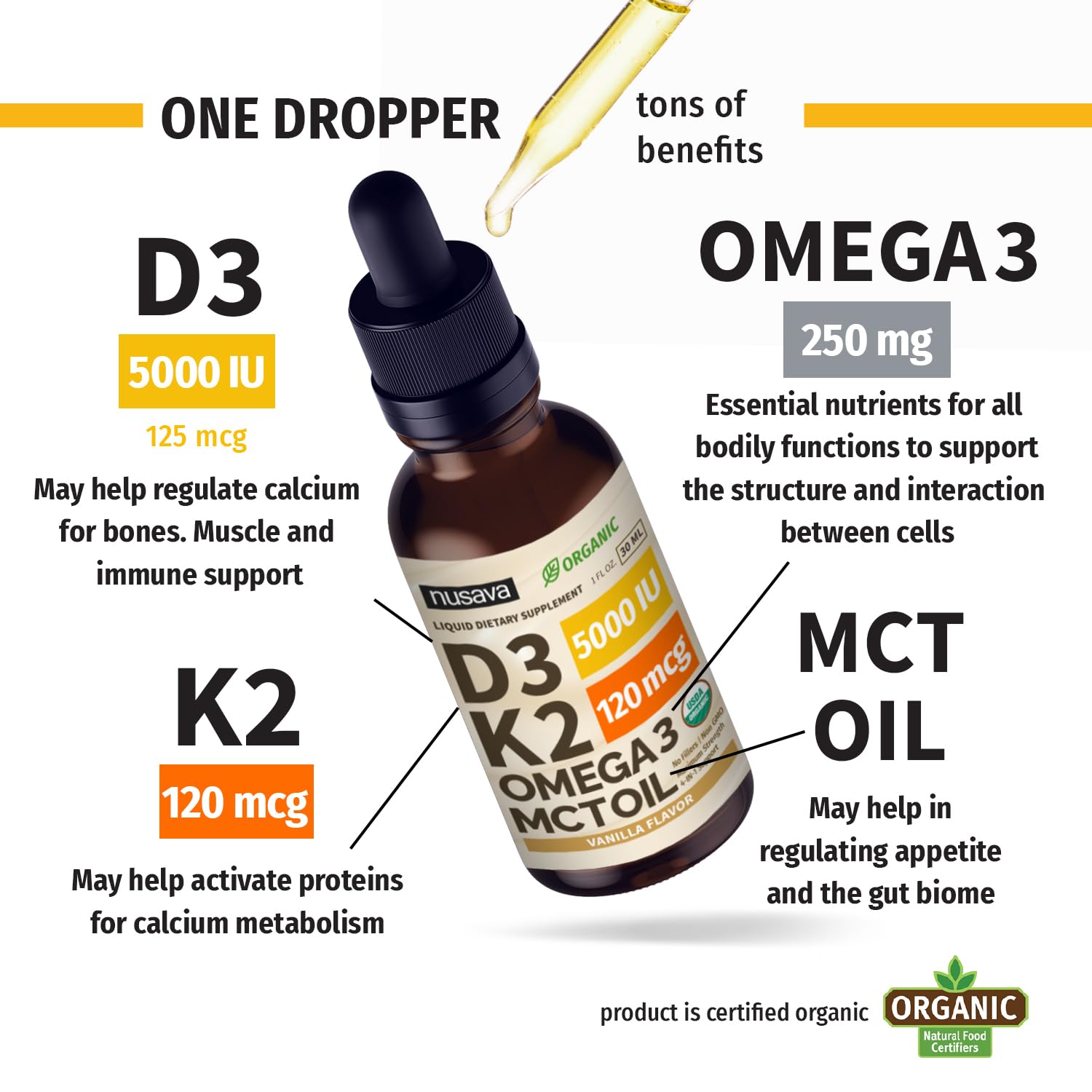 NUSAVA D3 K2 Drops vanilla flavor makes daily use pleasant and convenient.