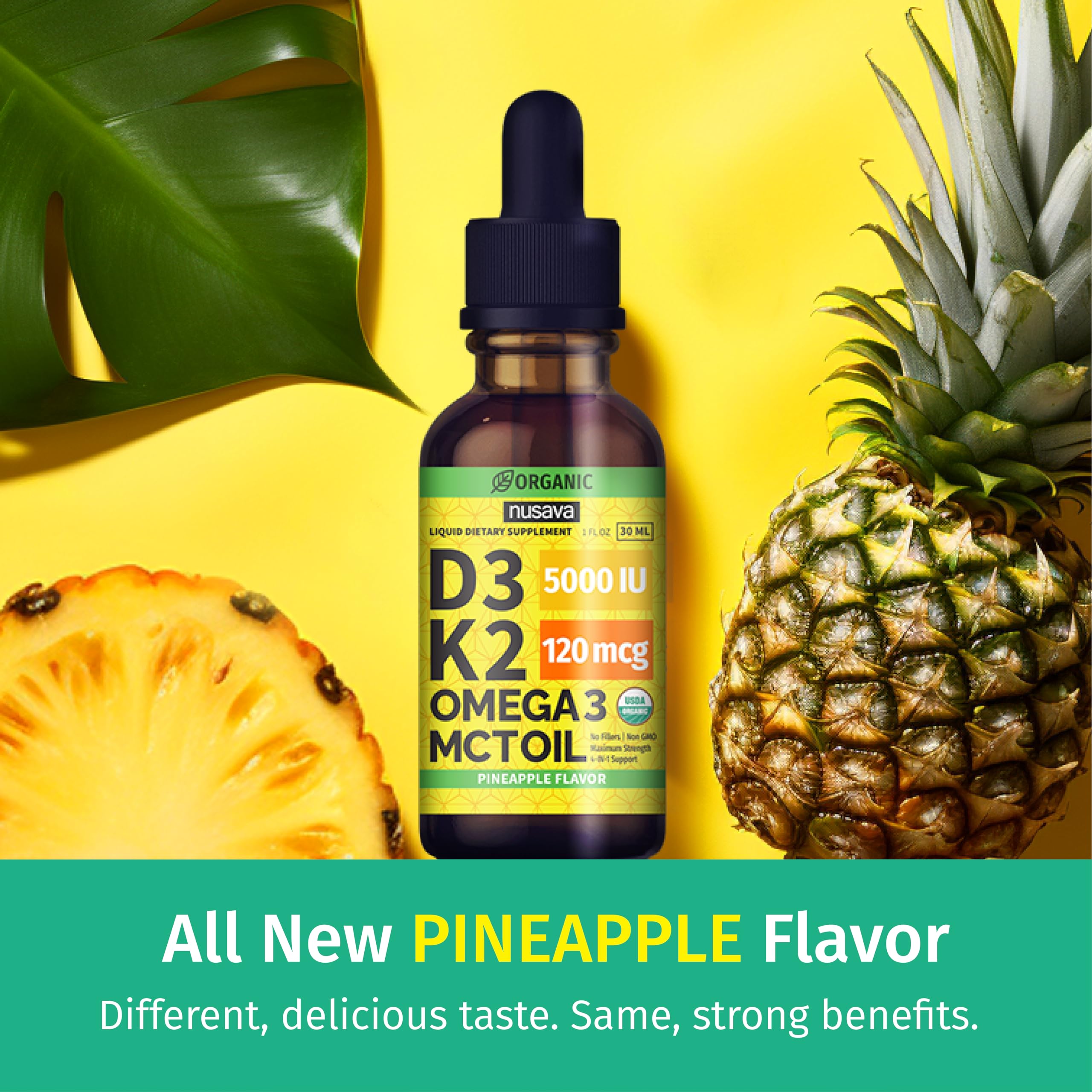 NUSAVA D3 K2 liquid drops pineapple with dropper for faster uptake.