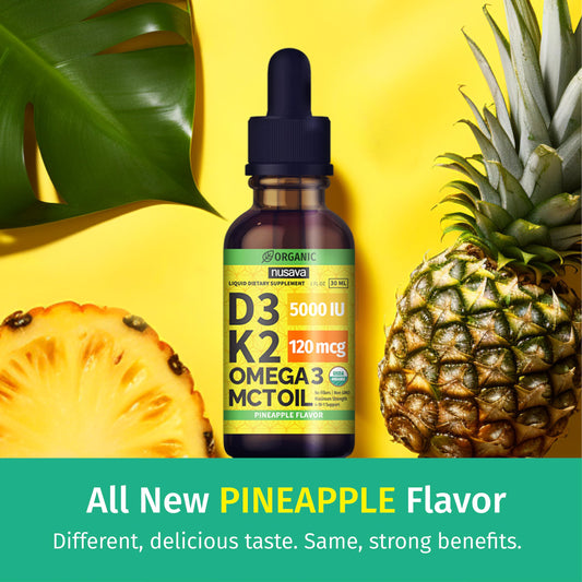 NUSAVA D3 K2 liquid drops pineapple with dropper for faster uptake.