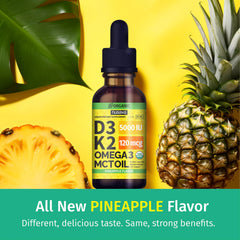 NUSAVA D3 K2 liquid drops pineapple with dropper for faster uptake.