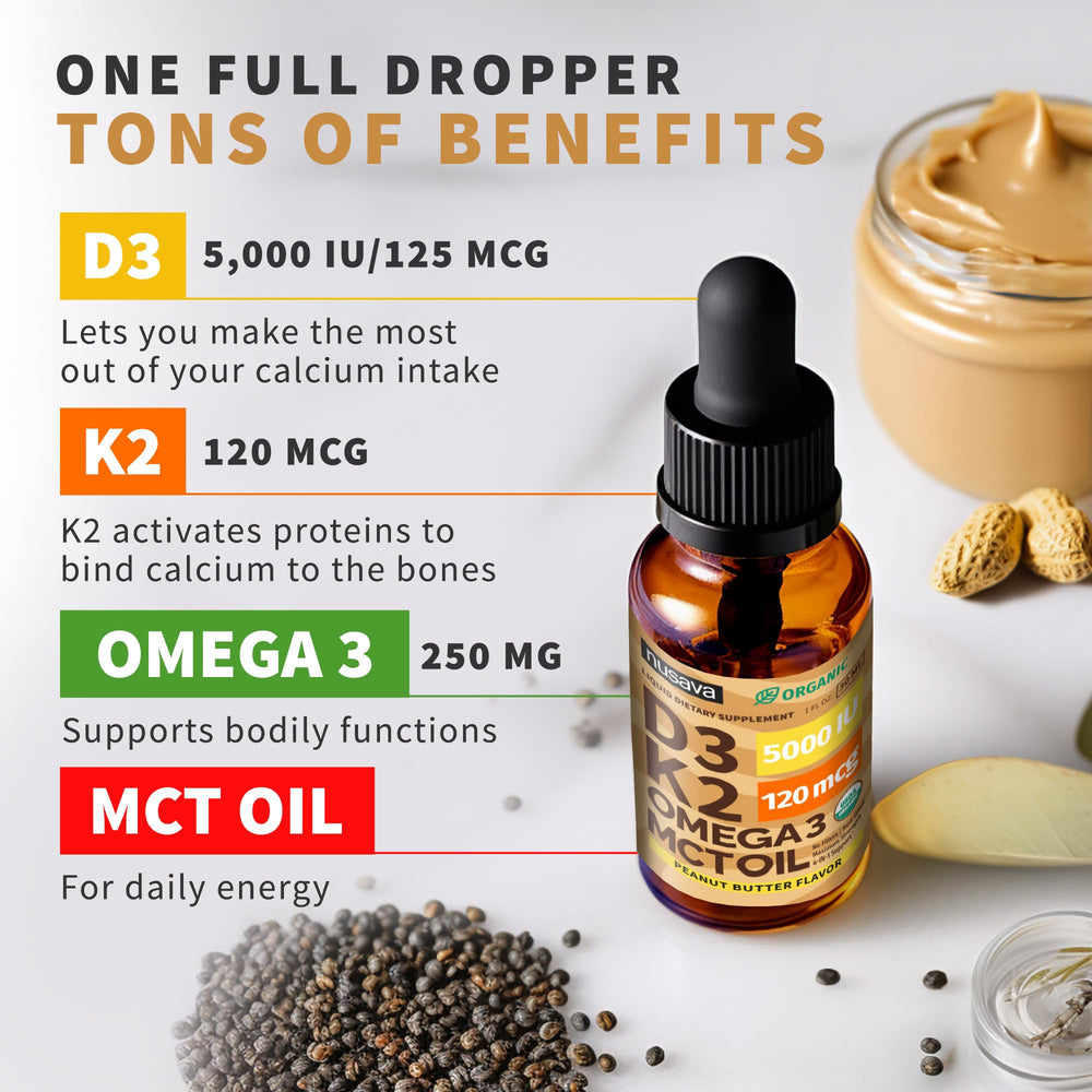 NUSAVA D3 K2 drops with omega-3 bottle highlights heart and bone support possibilities.