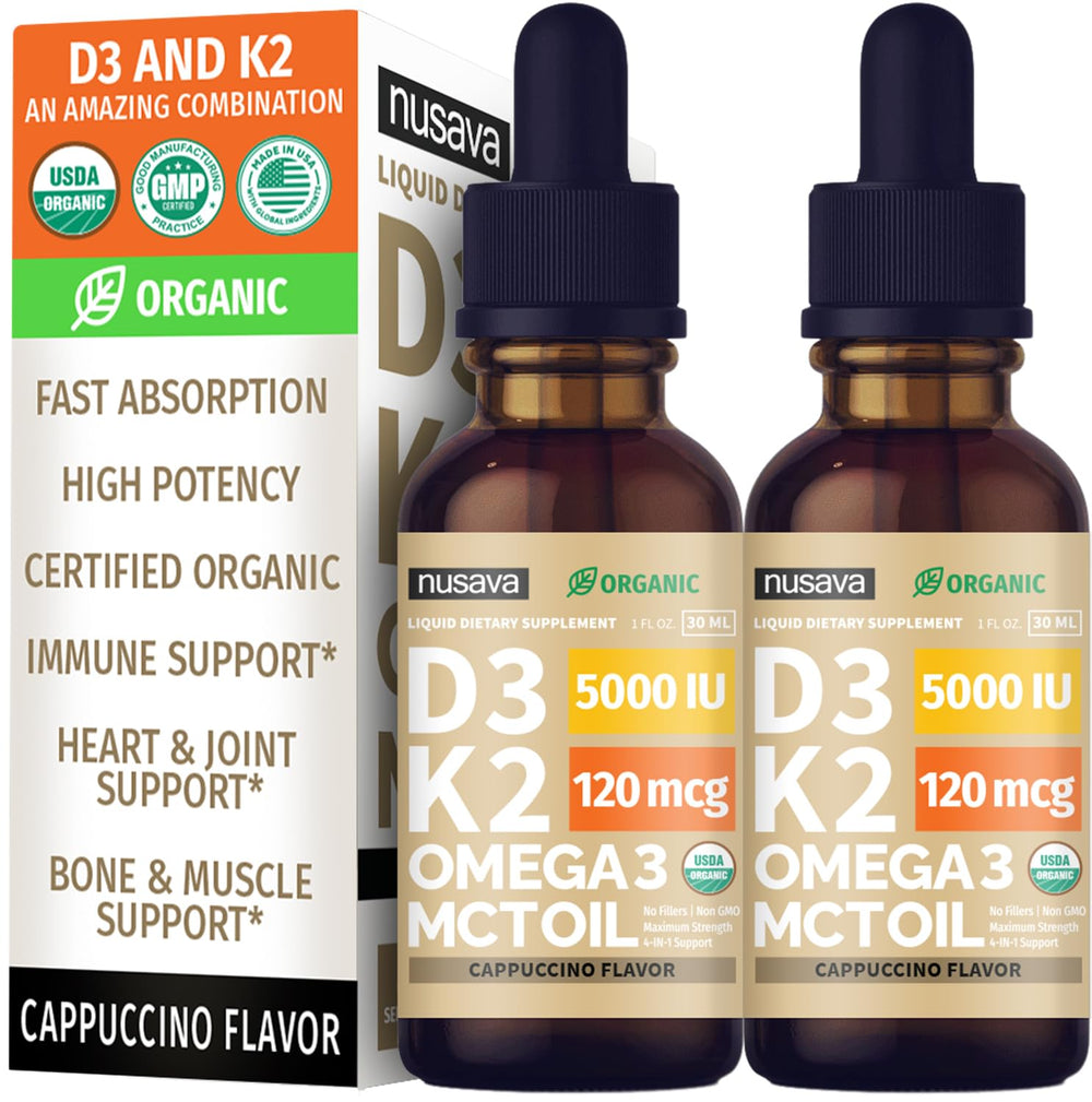 NUSAVA d3k2 cappuccino bottle shows rich flavor and potent daily drops.