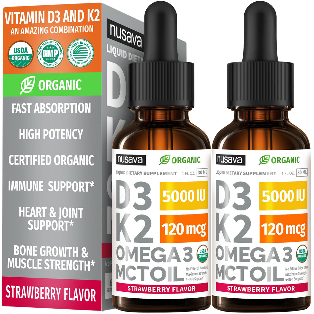NUSAVA D3K2 Drops bottle with strawberry flavor for easy daily intake and immune support.