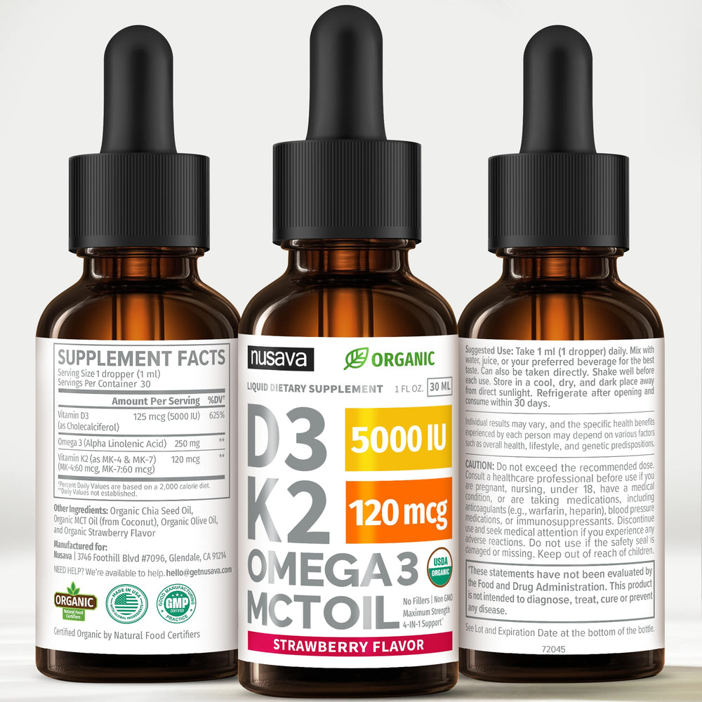 NUSAVA D3K2 Drops dropper pouring into a glass for dosage.