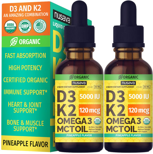 NUSAVA organic D3 K2 drops pineapple bottle for daily immune support and absorption.