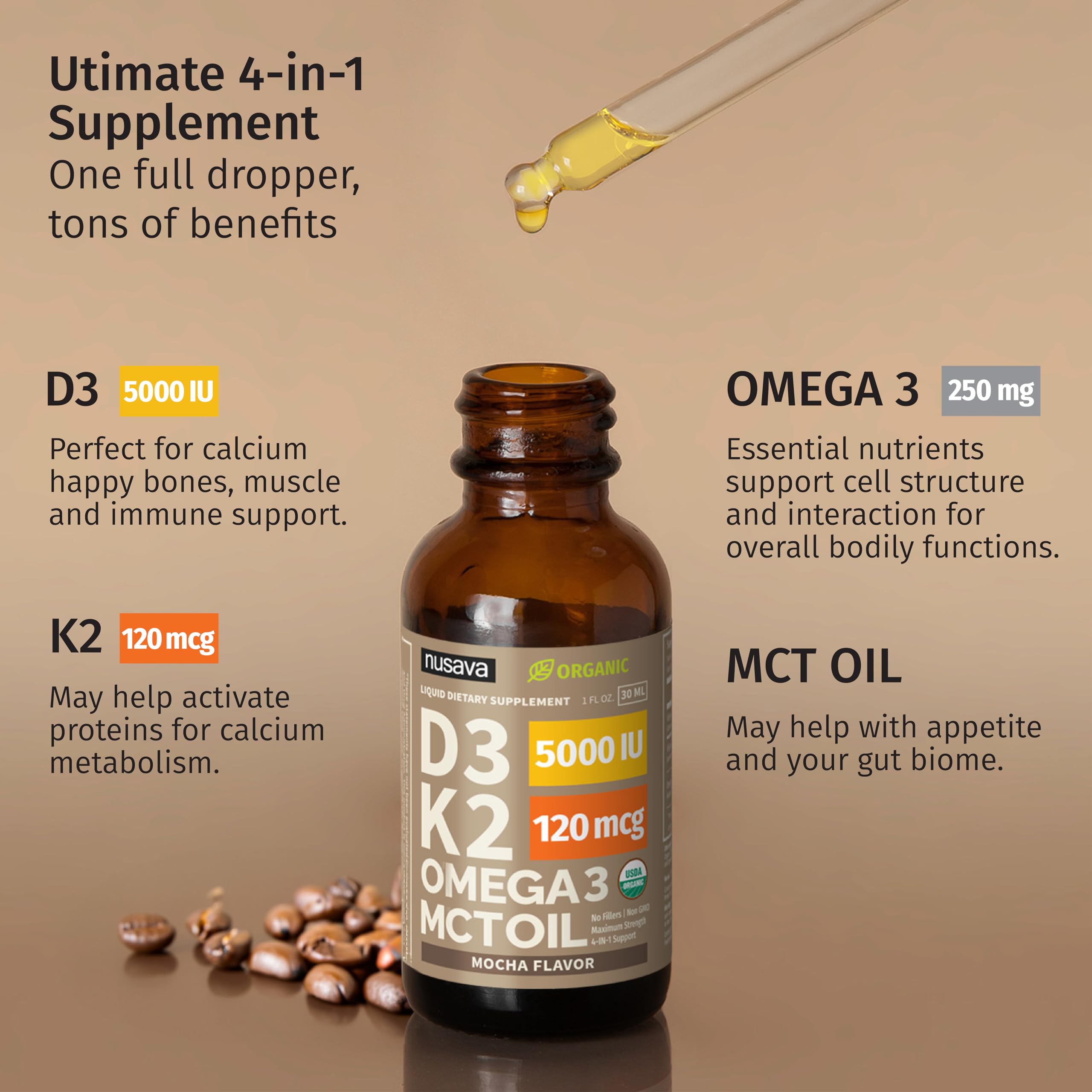 NUSAVA organic ingredients label signals clean, non-GMO formula.