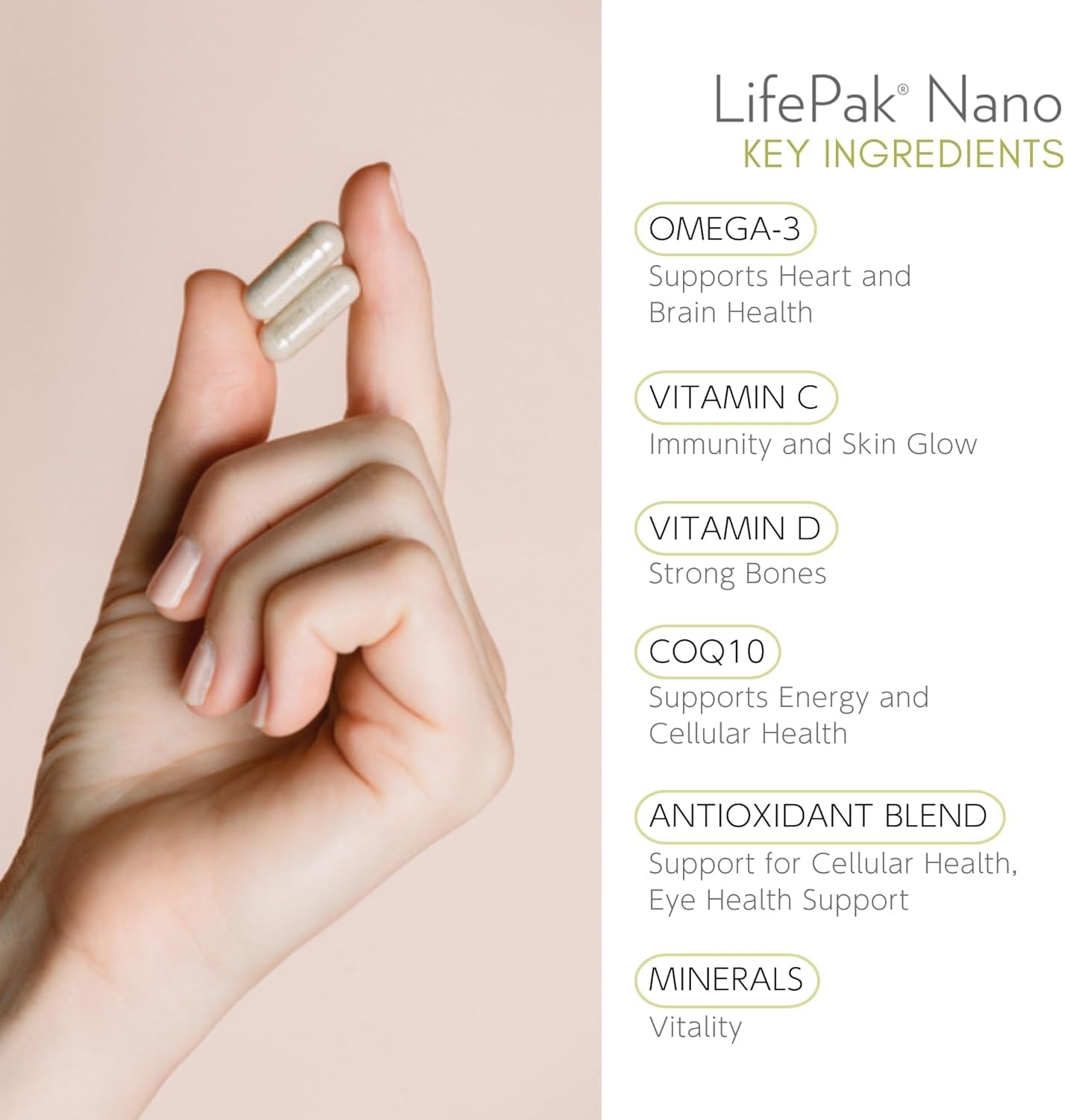Nu Skin LifePak Nano bottle close-up showing easy daily use for busy lifestyles.