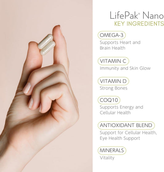 Nu Skin LifePak Nano bottle close-up showing easy daily use for busy lifestyles.