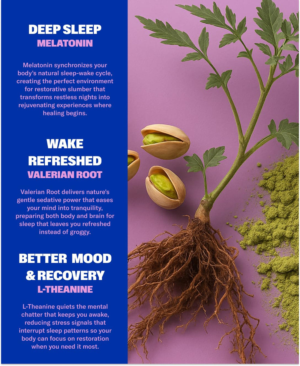 Blueberry NuStrips sleep strip beside bottle showing vegan, non-GMO sleep support