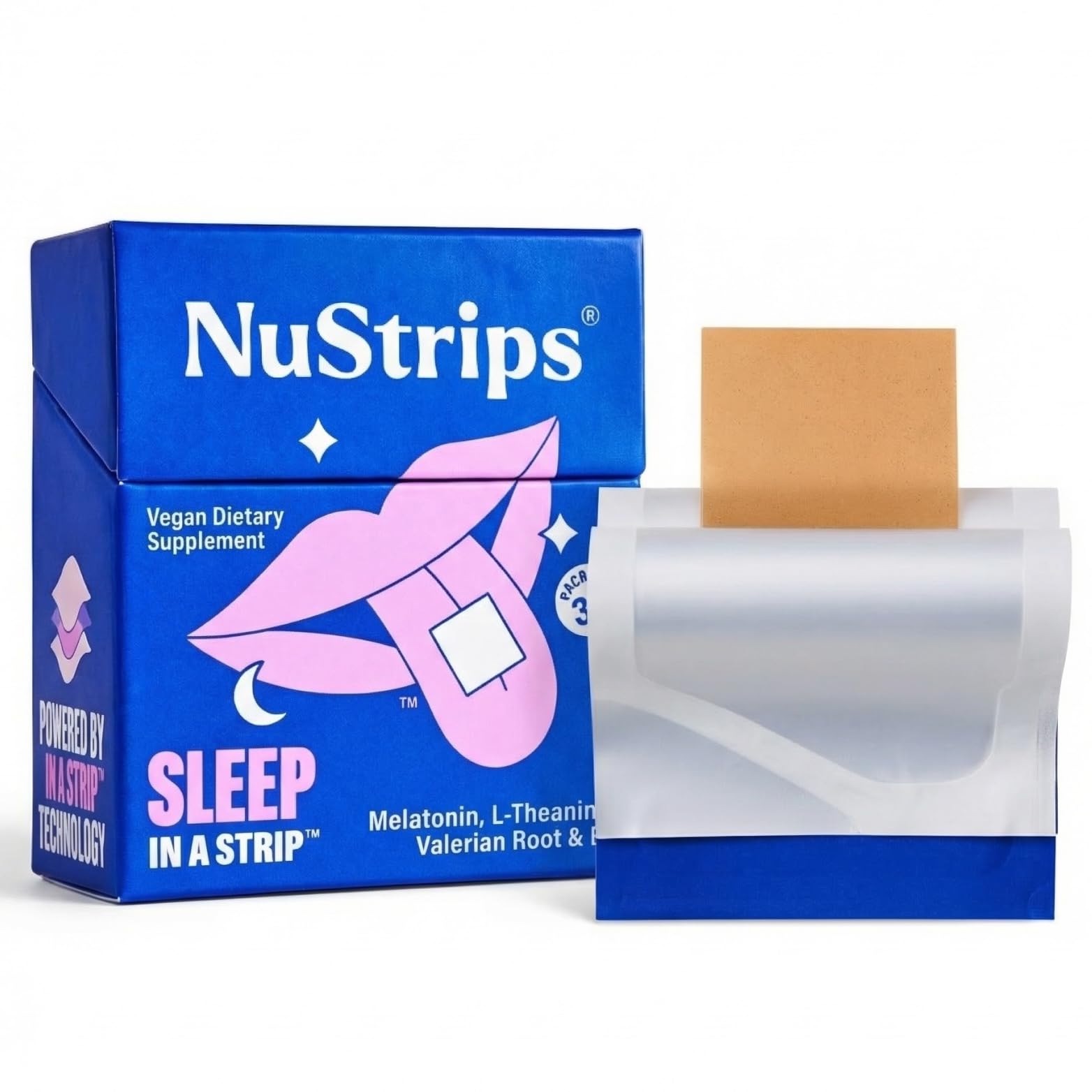 NuStrips sleep strip in blueberry flavor dissolving on tongue for quick rest
