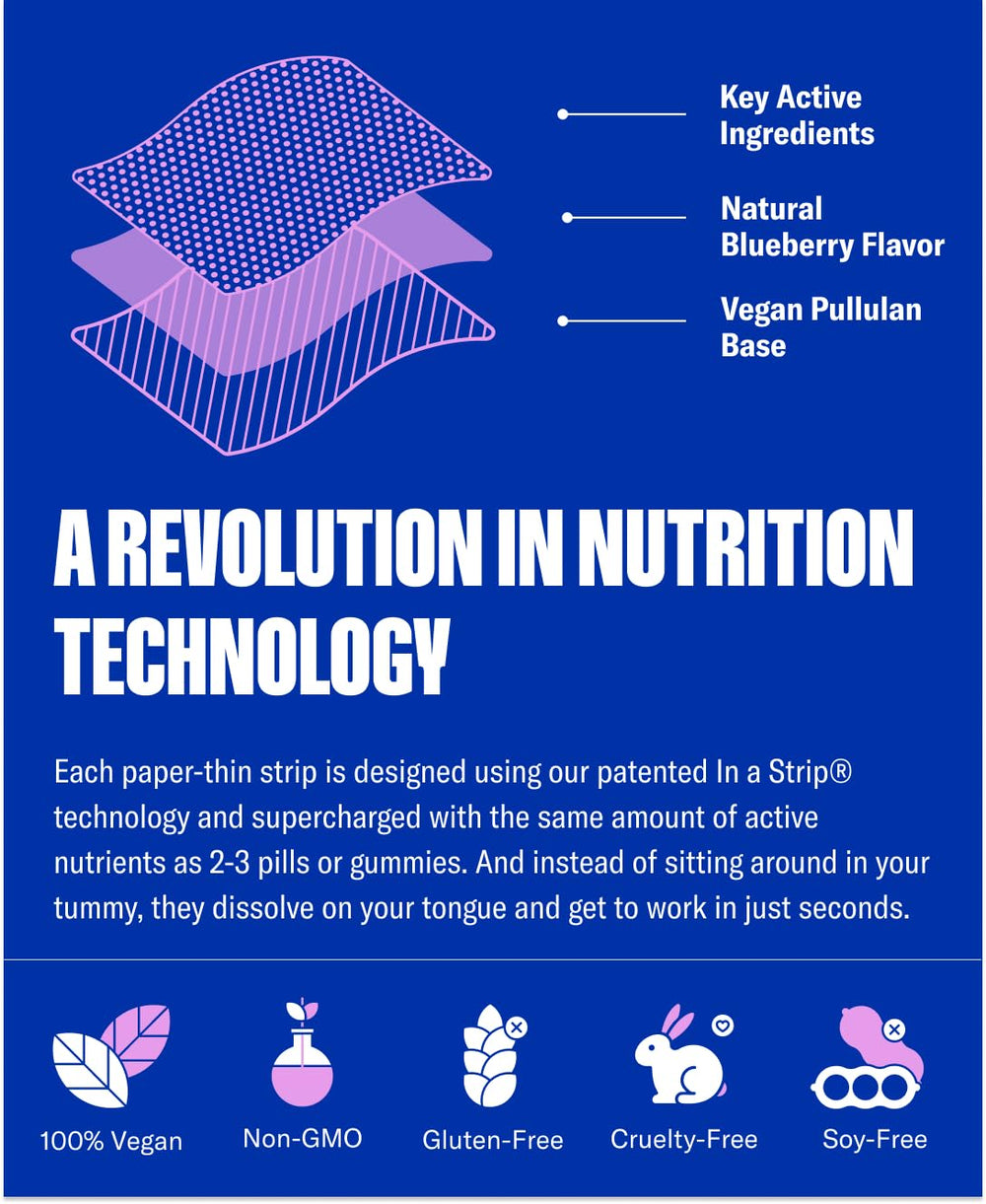 NuStrips bottle label shows 5 mg melatonin and vegan formula