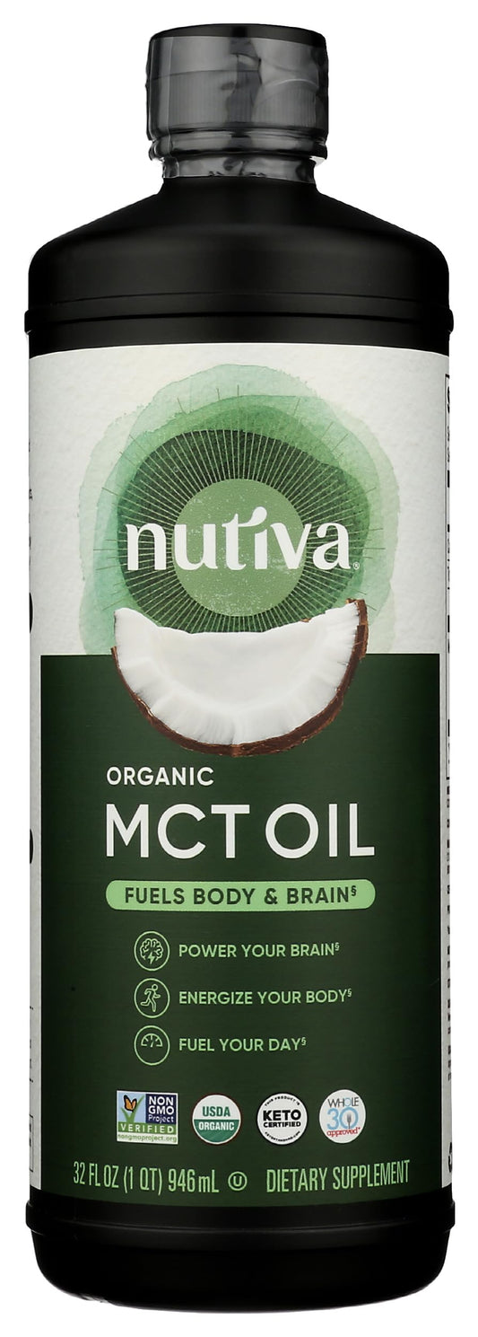 Nutiva Organic MCT Oil bottle pouring for a smooth energy boost in coffee.