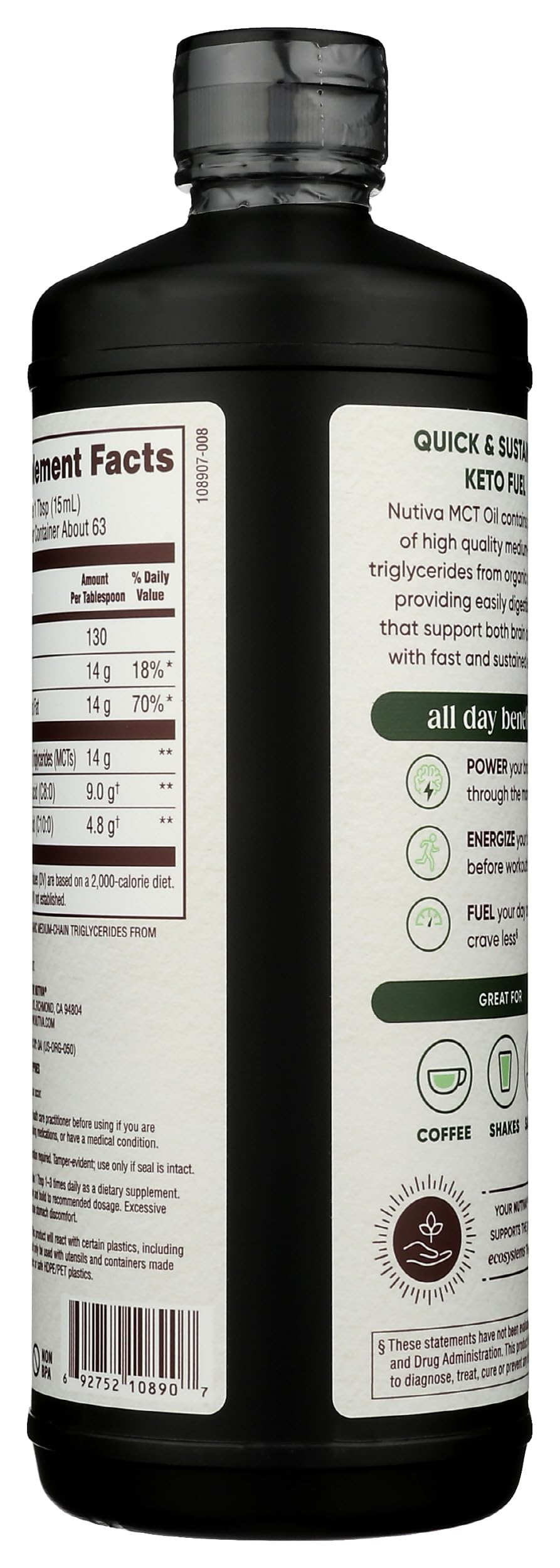 Close-up of Nutiva MCT Oil ingredients showing high MCT content.