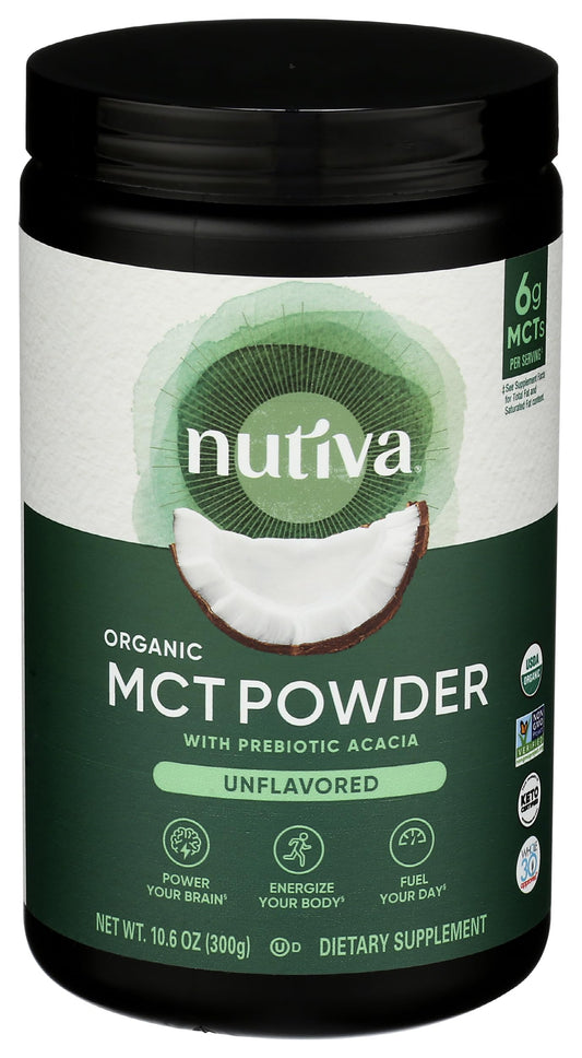 Nutiva Organic MCT Powder bottle demonstrates a creamy texture and quick energy in drinks.