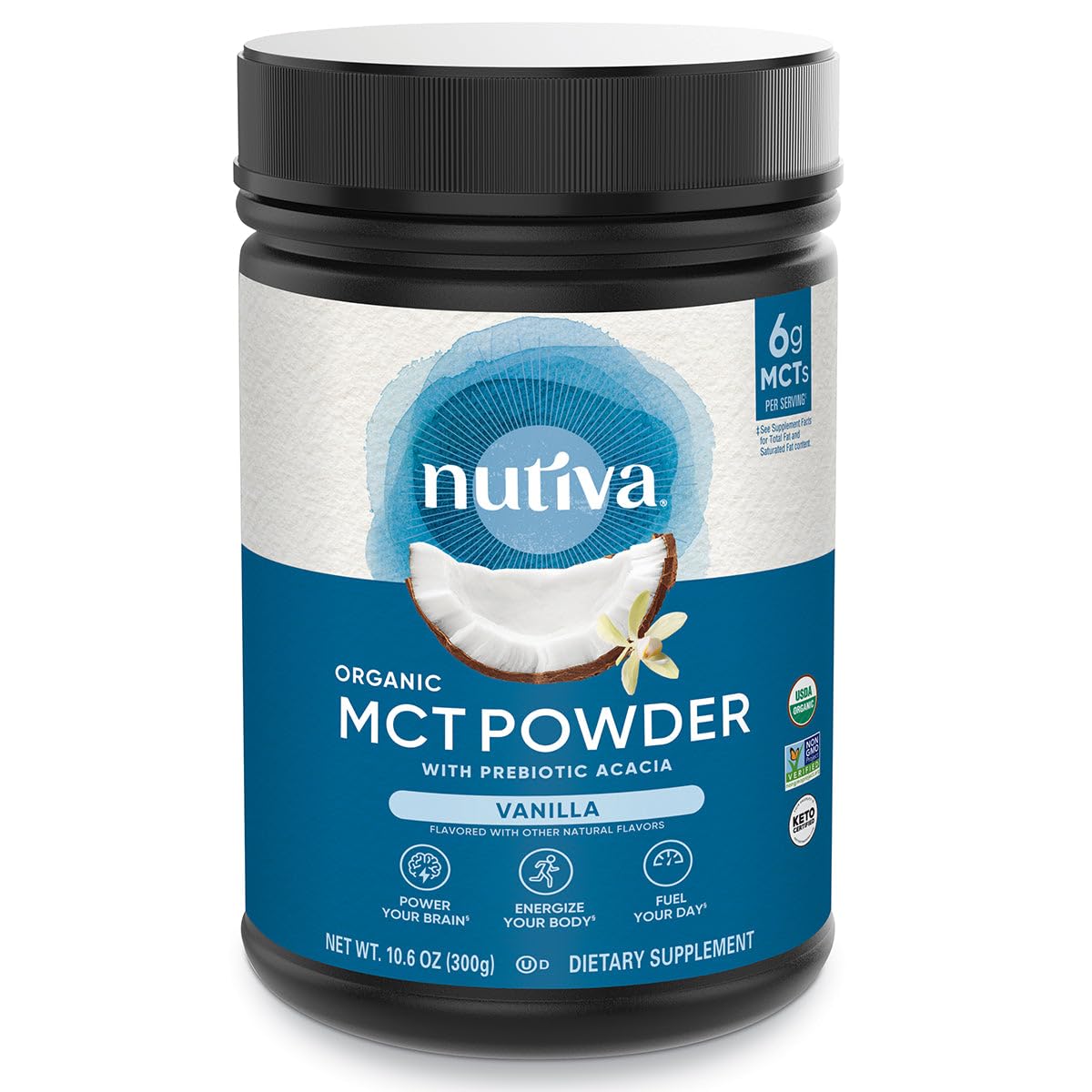 Nutiva MCT Powder vanilla bottle ready to blend into coffee