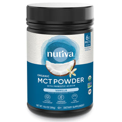 Nutiva MCT Powder vanilla bottle ready to blend into coffee