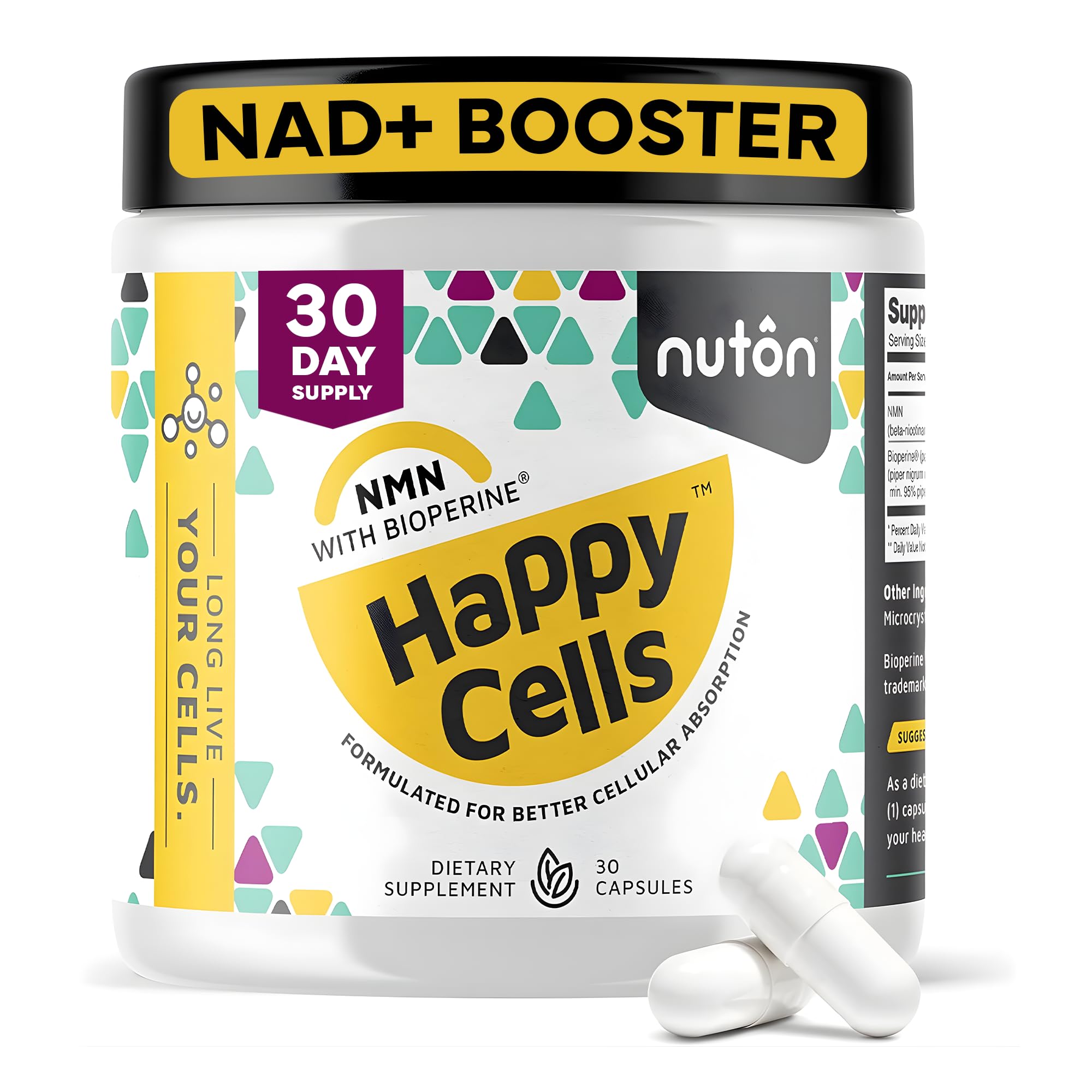 Nuton Happy Cells bottle front presents sleek vegan packaging for daily NMN support.