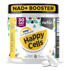 Nuton Happy Cells bottle front presents sleek vegan packaging for daily NMN support.