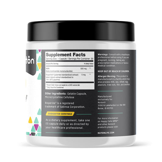 Nuton Happy Cells capsules closeup shows easy daily intake for ongoing vitality.