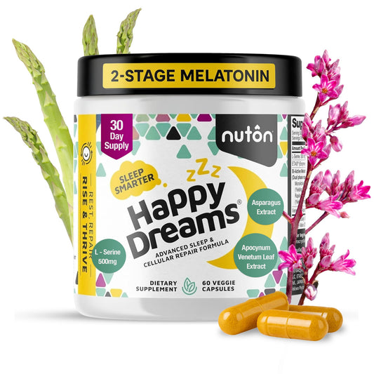 Nuton Happy Dreams bottle front view highlights natural sleep support