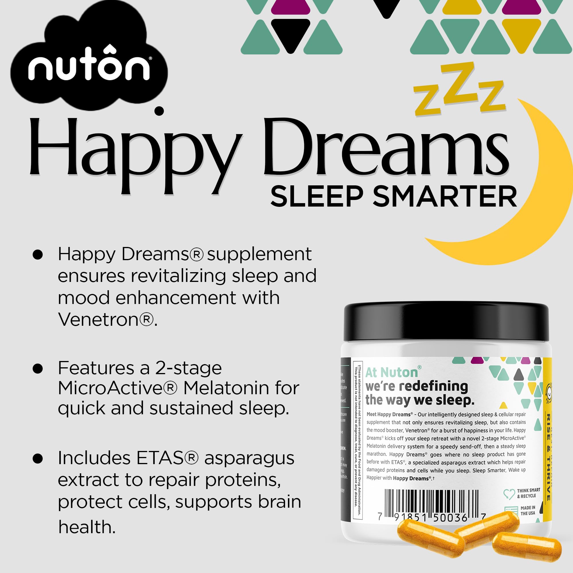 Nuton Happy Dreams bottle label showing 60 veggie capsules for non-habit forming rest