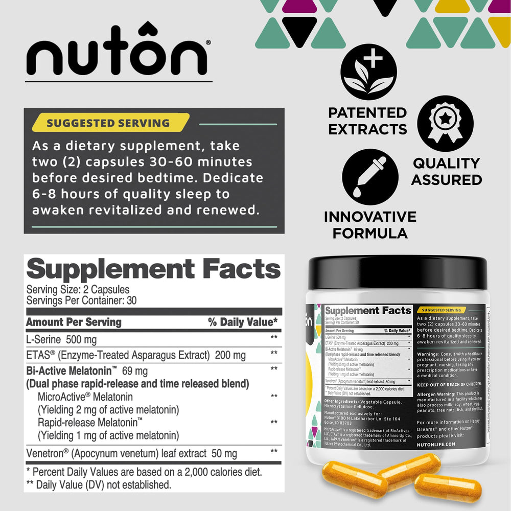 Nuton Happy Dreams capsules closeup illustrating time-release melatonin for smoother sleep onset