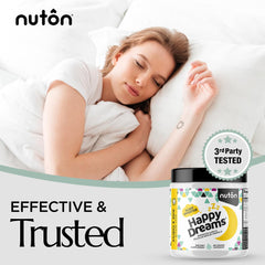 Nuton Happy Dreams packaging box with lifestyle shot for convenient sleep routine