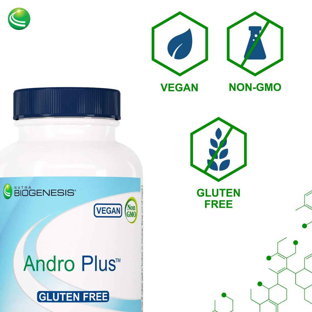 Nutra BioGenesis Andro Plus bottle and label close up highlighting plant based formula.