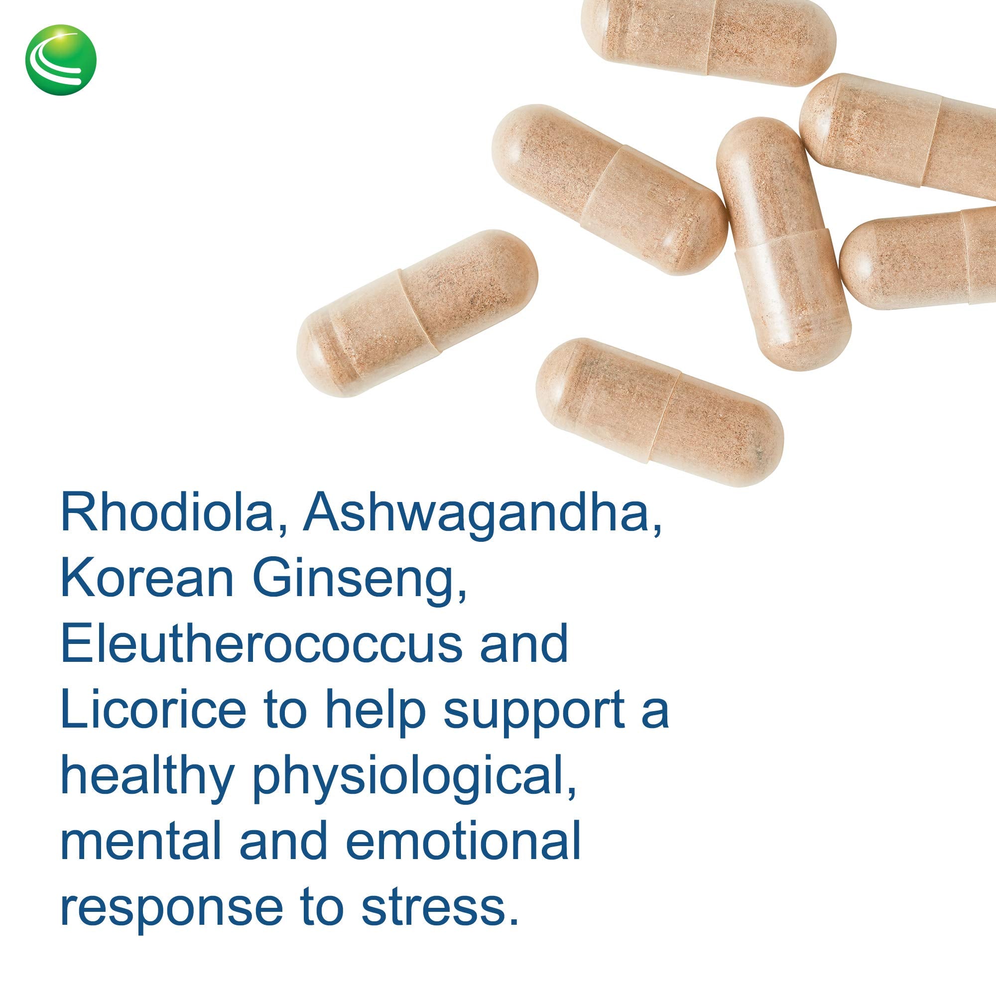Ingredient visualization emphasizes rhodiola, ashwagandha, and ginseng components