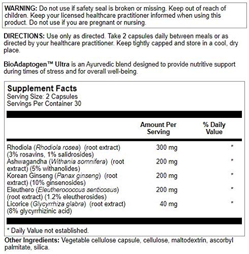 Close-up of Bioadaptogen Ultra label highlighting five-adaptogen blend