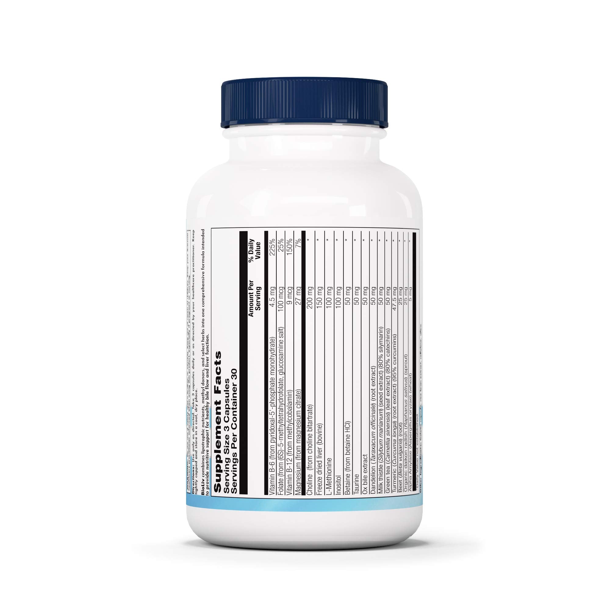 Close-up of BioLiv bottle label emphasizing lipotropic factors for the liver.
