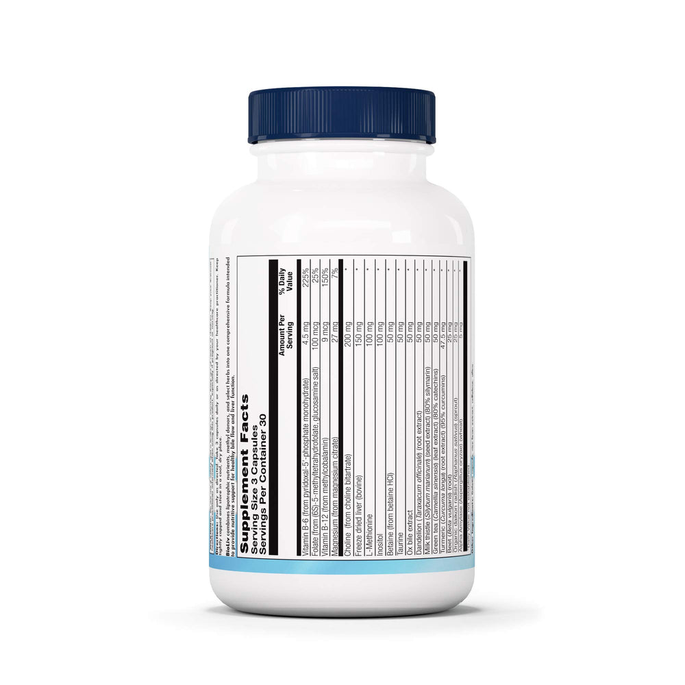 Close-up of BioLiv bottle label emphasizing lipotropic factors for the liver.