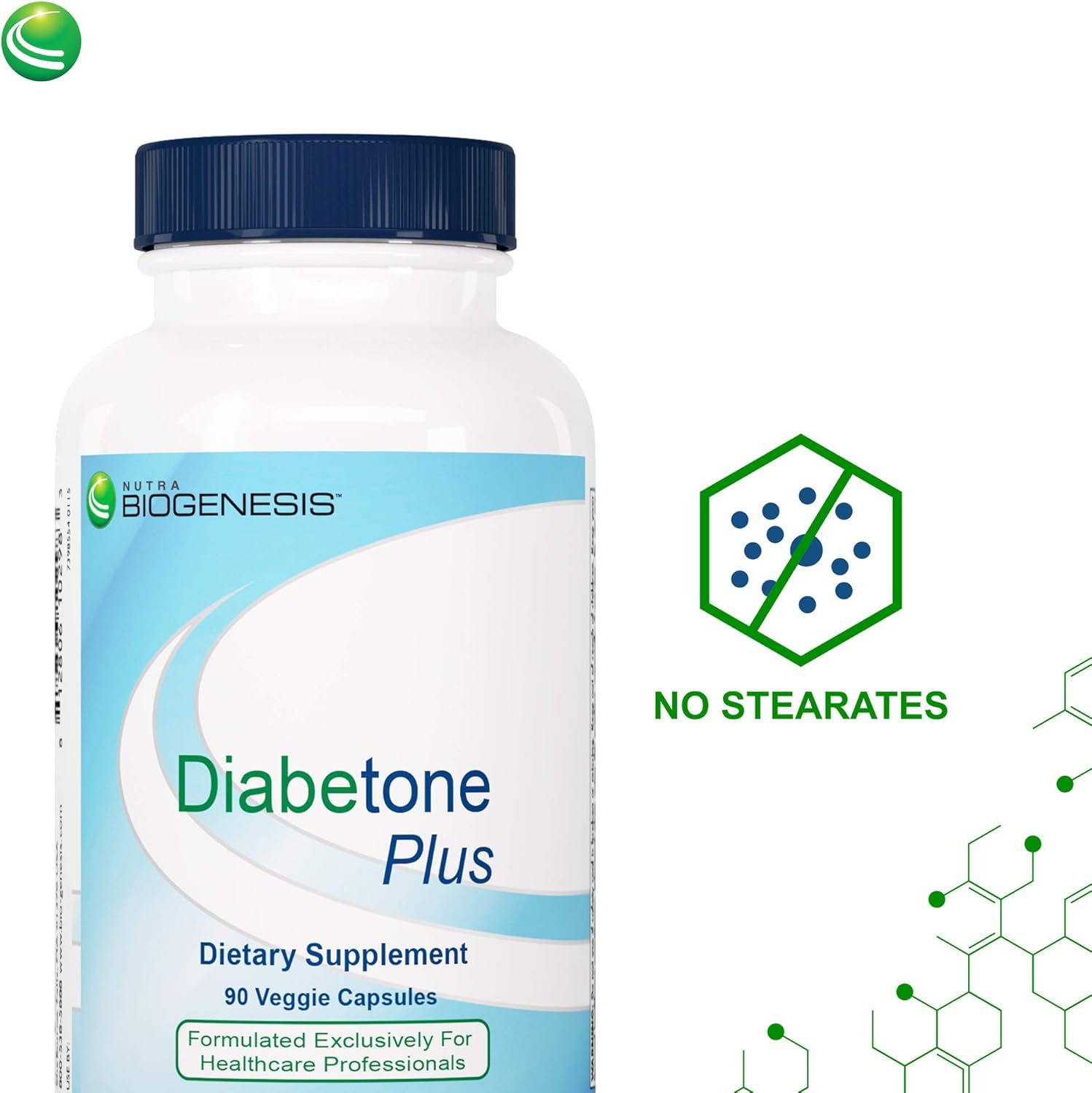 Nutra BioGenesis Diabetone Plus product label highlighting ingredients.