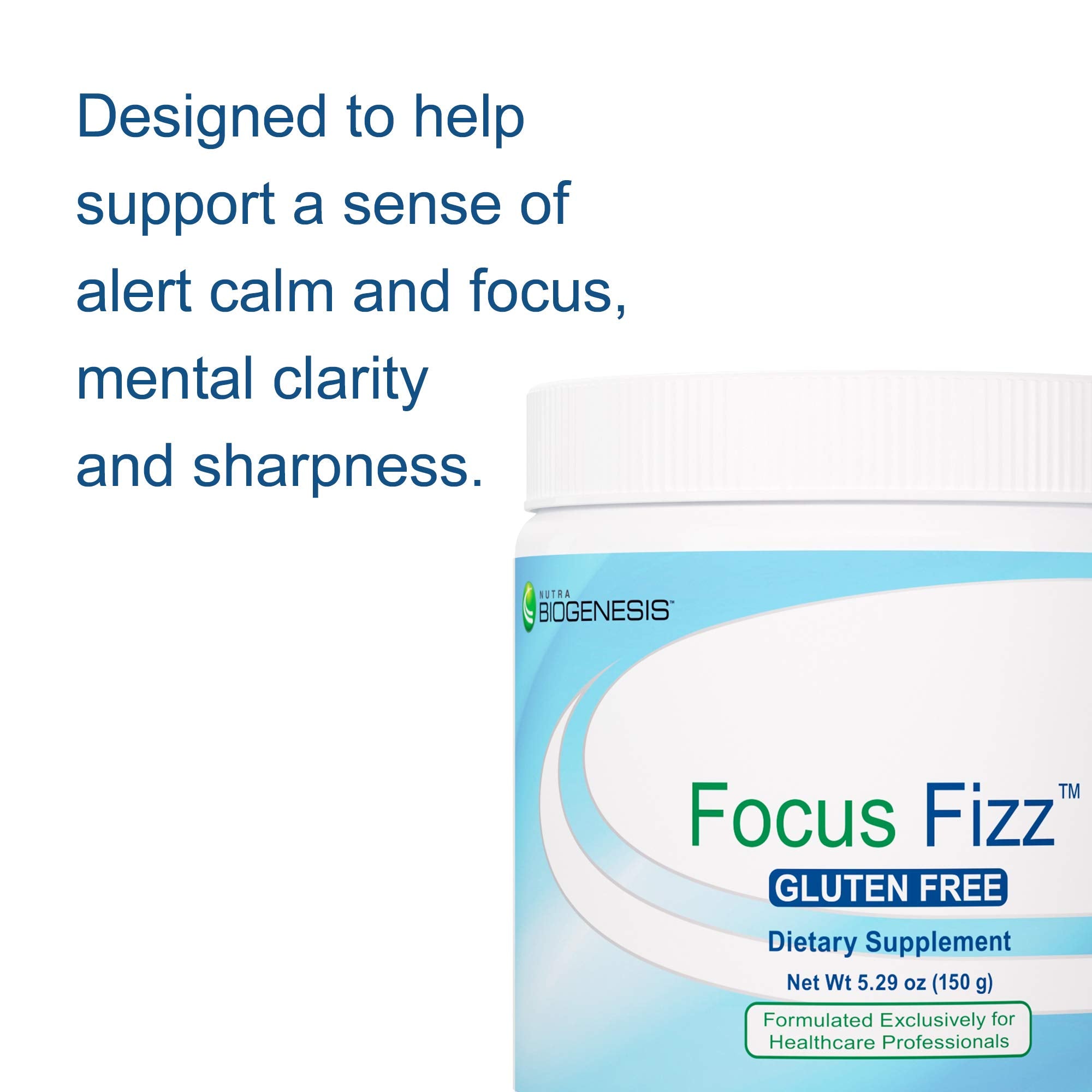Nutra BioGenesis Focus Fizz bottle beside a glass shows convenient on-the-go mix