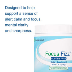 Nutra BioGenesis Focus Fizz bottle beside a glass shows convenient on-the-go mix