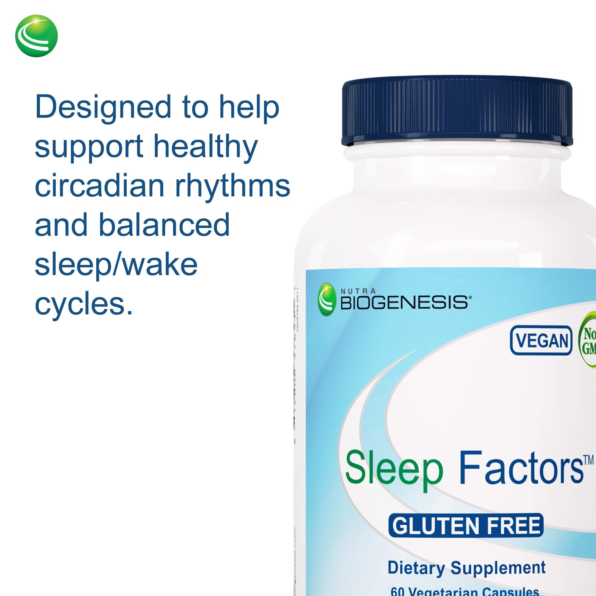 Nutra BioGenesis Sleep Factors bottle on nightstand beside water for bedtime routine.
