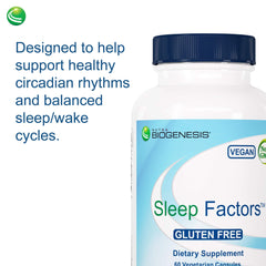 Nutra BioGenesis Sleep Factors bottle on nightstand beside water for bedtime routine.