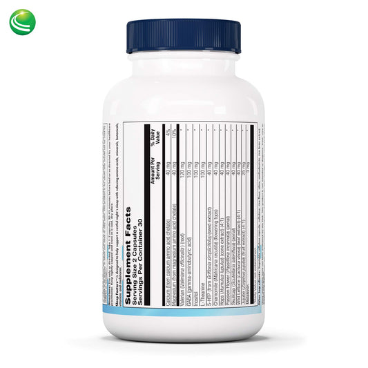Nutra BioGenesis Sleep Factors capsules on slate board for easy nightly use.